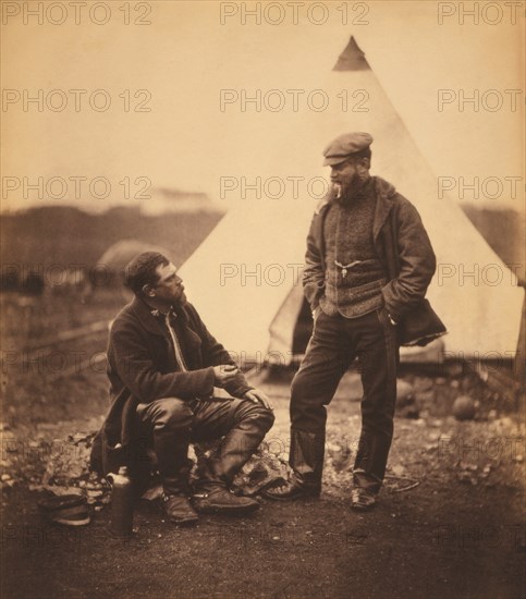 British Major Edmund Gilling and Captain Richard Pearson, Full-length Portrait in front of Military Tent, Crimean War, Crimea, Ukraine, by Roger Fenton, 1855