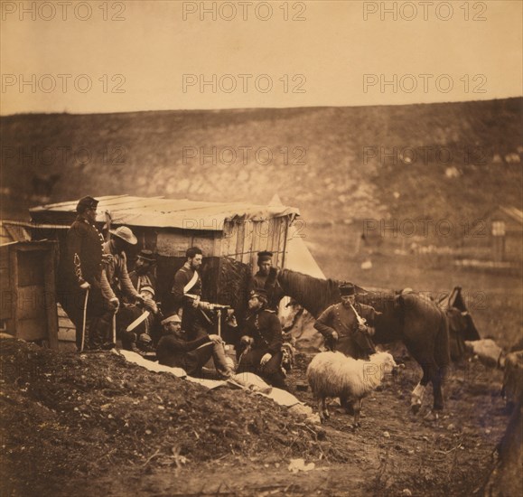 Group of British Soldiers, 4th (Queen's Own) Regiment of Light Dragoons, in Camp near Shack with Goat and Horse, Crimean War, Crimea, Ukraine, by Roger Fenton, 1855