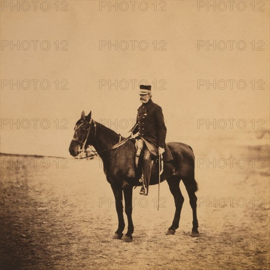 British Brigadier Sir Robert Garrett, Full-Length Portrait Wearing Uniform, Sitting on Horse, Crimean War, Crimea, Ukraine, by Roger Fenton, 1855