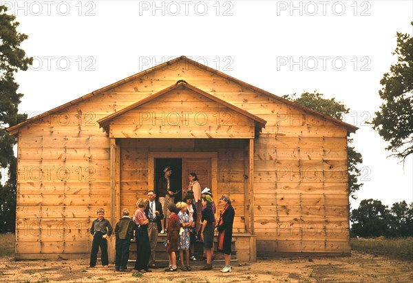 Group of People Standing in Front of Church, a Cooperative Community Enterprise, Pie Town, New Mexico, USA, Russell Lee for Farm Security Administration - Office of War Information, October 1940