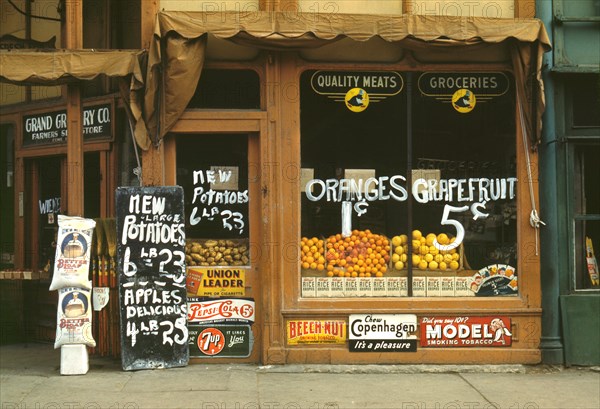 Store Window, Grand Grocery Co., Nebraska, USA, John Vachon for Farm Security Administration - Office of War Information, 1942