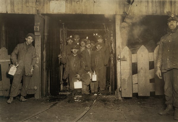 Group of Coal Miners Waiting for Cage to go up at end of Work Day, South Pittston, Pennsylvania, USA, Lewis Hine for National Child Labor Committee, January 1911