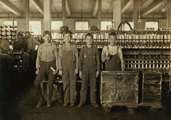 Four Young Doffer Boys, Full-Length Portrait, Usually Work 12 hours without any hour off for lunch, Daniel Manufacturing Company, Lincolnton, North Carolina, USA, Lewis Hine for National Child Labor Committee, November 1908