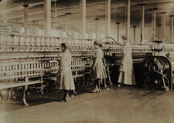 Two Young Girls Working Alongside Adult in Textile Mill, Lincolnton, North Carolina, USA, Lewis Hine for National Child Labor Committee, November 1908