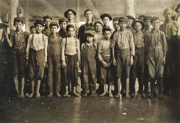 Group of Doffers, Some Younger than the Mandatory 14-year age limit, Full-Length Portrait, Washington Cotton Mills, Fries, Virginia, USA, Lewis Hine for National Child Labor Committee, May 1911