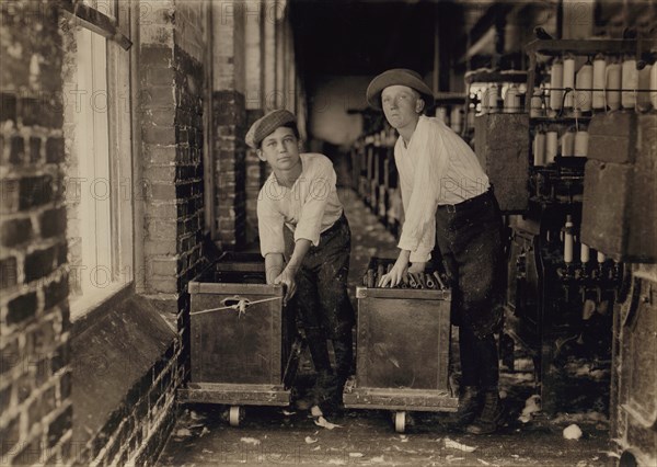 Two Boys Working in Cotton Mill, Mobile, Alabama, USA, Lewis Hine for National Child Labor Committee, October 1914