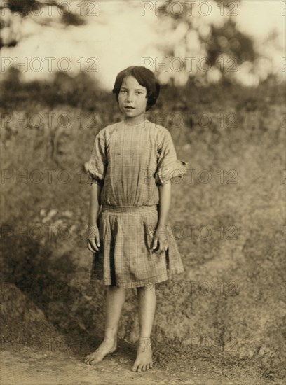 Ruth Rous, said she was 11 years old, but others said she is not yet 10, Full-length Portrait, Works at Deep River Cotton Mills, Randleman, North Carolina, USA, Lewis Hine for National Child Labor Committee, May 1913