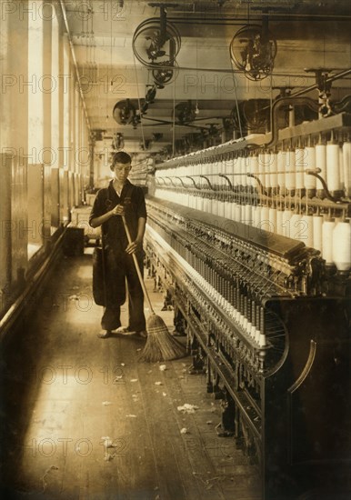 Adelaid Levesque, 14 years old, Full-Length Portrait, Sweeper and Cleaner in Spinning Room, King Philip Mills, Fall River, Massachusetts, USA, Lewis Hine for National Child Labor Committee, June 1916