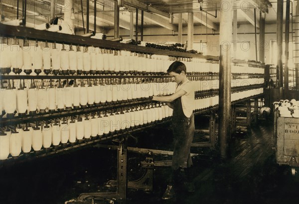 Charles Cavanaugh, Working as Back Boy in Mule Spinning Room, King Philip Mills, Fall River, Massachusetts, USA, Lewis Hine for National Child Labor Committee, June 1916
