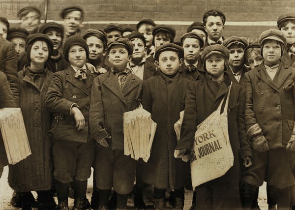 Large Group of Newsies, Half-Length Portrait Standing at the Times Office, Hartford, Connecticut, USA, Lewis Hine for National Child Labor Committee, March 1909