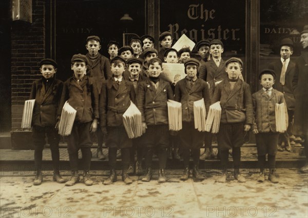 Group of Young Newsboys, Full-Length Portrait, New Haven, Connecticut, USA, Lewis Hine for National Child Labor Committee, March 1909