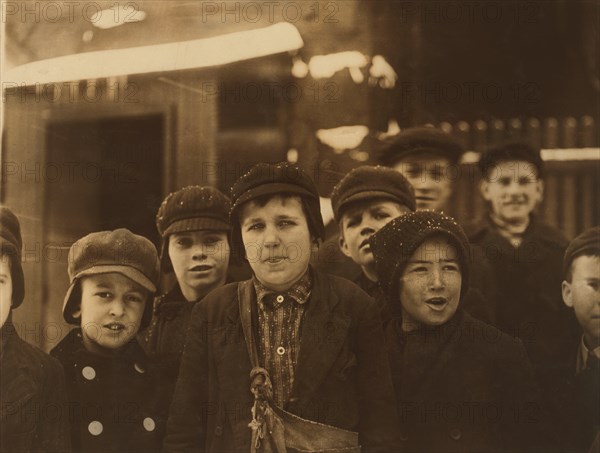 Group of Young Newsboys, Utica, New York, USA, Lewis Hine for National Child Labor Committee, February 1910