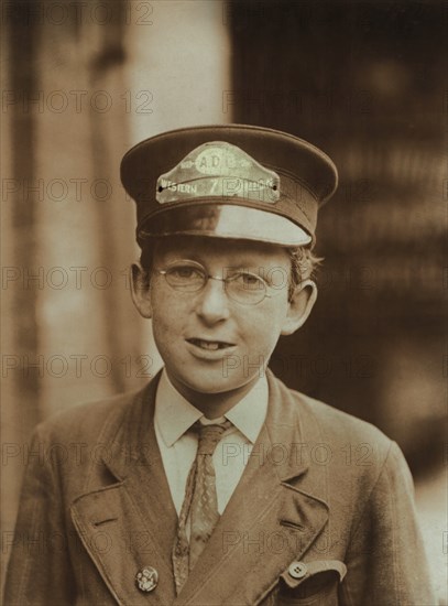 Frank Gibson, 14-year-old Western Union Telegraph Company Messenger, 1 year in Service, Works from 8:30pm to 12:30am, Smokes, Visits Houses of Prostitution and Guides Soldiers to Segregated District, Head and Shoulders Portrait, Wilmington, Delaware, USA, Lewis Hine for National Child Labor Committee, May 1910