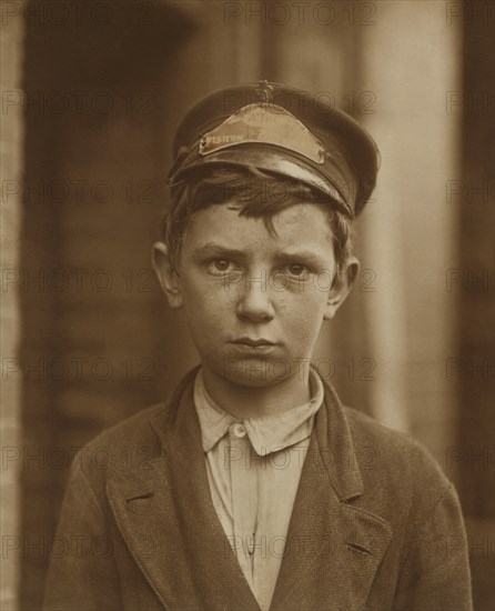 Richard Pierce, 14-year-old Western Union Telegraph Company Messenger, Works from 7am to 6pm, Smokes and Visits Houses of Prostitution, Head and Shoulders Portrait, Wilmington, Delaware, USA, Lewis Hine for National Child Labor Committee, May 1910