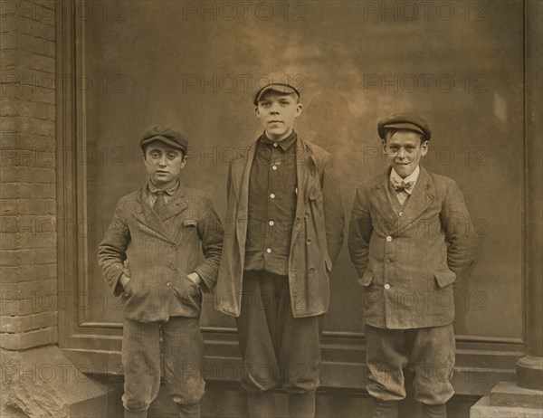 Joseph Giordano, Freddie Reed, Willard Leavenworth, Young Employees at Kibbe's Candy Factory, Three-Quarter Length Portrait, Springfield, Massachusetts, USA, Lewis Hine for National Child Labor Committee, October 1910