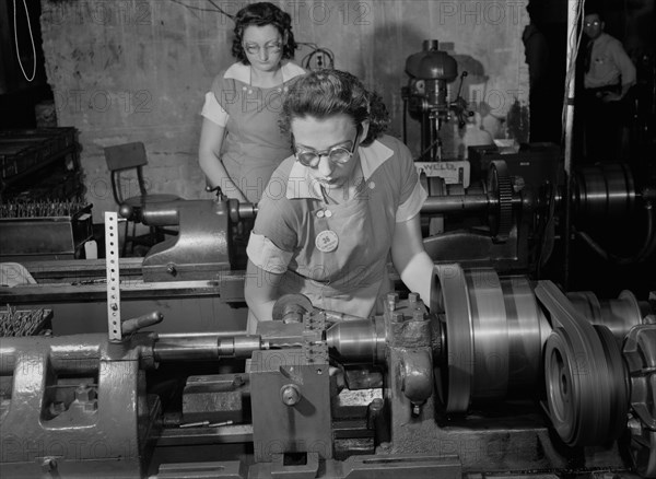 Two Female Workers Operating Lathe Machines at Drill and Tool Plant that Manufactures Drills for use in all War Production Industries, Republic Drill and Tool Company, Chicago, Illinois, USA, Ann Rosener, Office of War Information, August 1942