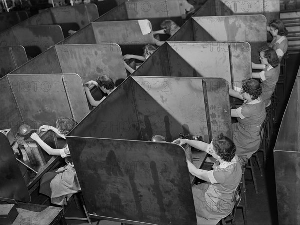 Group of Female Factory Workers Testing Twist Drills at Drill and Tool Plant that Manufactures Drills for use in all War Production Industries, Republic Drill and Tool Company, Chicago, Illinois, USA, Ann Rosener, Office of War Information, August 1942