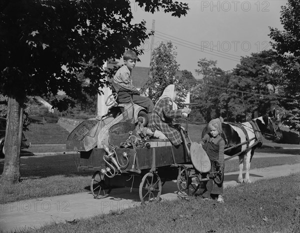 Three Children Gathering Scrap Metal with Pony Cart during Scrap Salvage Campaign, Roanoke, Virginia, USA, Valentino Sarra for Office of War Information, October 1942