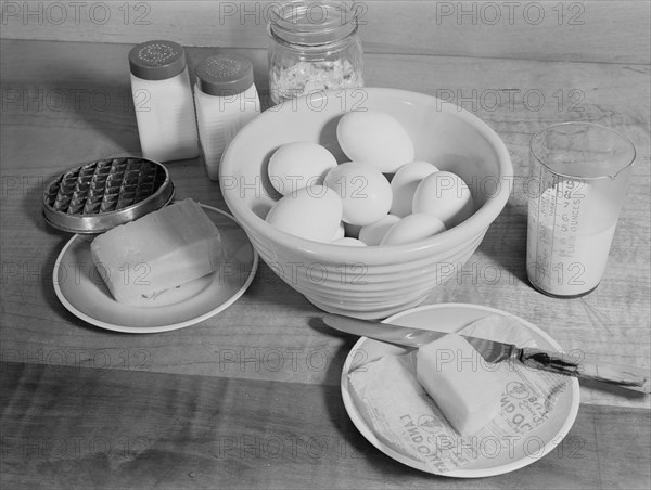 Ingredients for Baked Eggs with Cheese, A Meat Substitute, Ann Rosener for Office of War Information, October 1942