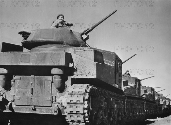 American Medium Tanks with Anzac Crews Lined up for Review at Camp, Australia, Office of War Information, March 1943