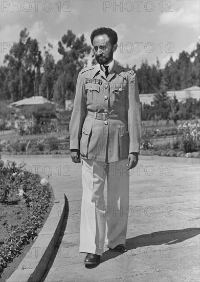 Haile Selassie (1892-1975), Emperor of Ethiopia, Portrait Strolling Palace Grounds Upon his Return to Addis Ababa, Ethiopia after Allied Defeat of Italian Fascist Occupation Forces, Office of War Information, 1941
