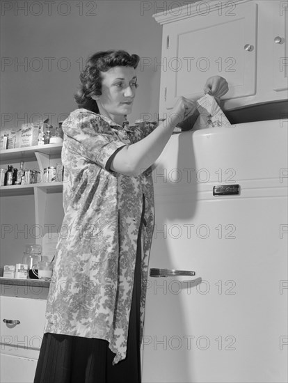 Woman Using Slip of Paper to see if Refrigerator is Wasting Valuable Electric Power and if the Paper can be Pulled out, have the Gasket Tightened or Replaced Immediately and Help Uncle Sam Conserve Energy, Ann Rosener, Office of War Information, February 1942