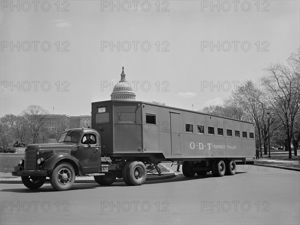 New Oversized Trailer Designed and Built by the Office of Defense Transportation and War Production Board (WPB) officials with the Cooperation of Private Companies, Made Entirely of Non-Critical Materials, used to Transport Defense Workers to Outlying Industrial Plants, Washington DC, USA, by Albert Freeman for Office of War Information, March 1942