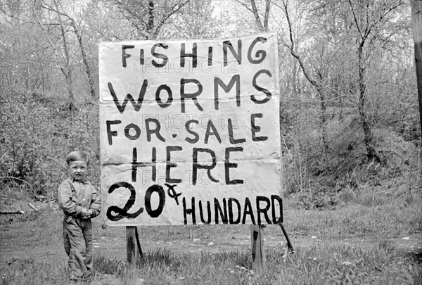 Young Boy Selling Fishing Worms, Standing next to Large Sign, Lake Ozark, Missouri, USA, Farm Security Administration, 1935