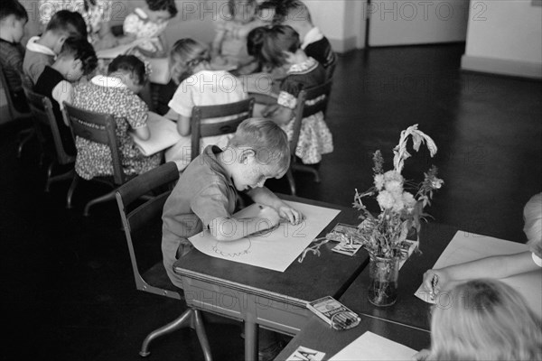 High Angle View of Children at Work in Classroom, Greenhills, Ohio, USA, a Greenbelt Community Constructed by U.S. Department of Agriculture as Part of President Franklin Roosevelt's New Deal, John Vachon for U.S. Resettlement Administration, October 1938