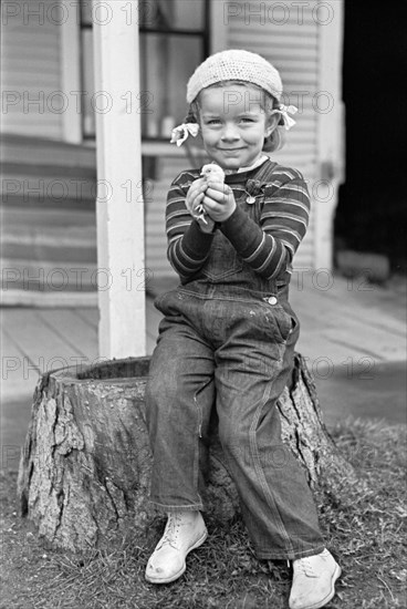 Young Girl Holding Baby Chick, Johnson Vermont, USA, Arthur Rothstein for U.S. Resettlement Administration, May 1937