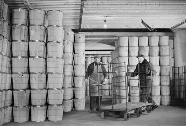 Workers Storing Eggs in Cold Storage Warehouse, Jersey City, New Jersey, USA, Arthur Rothstein for Farm Security Administration, January 1939