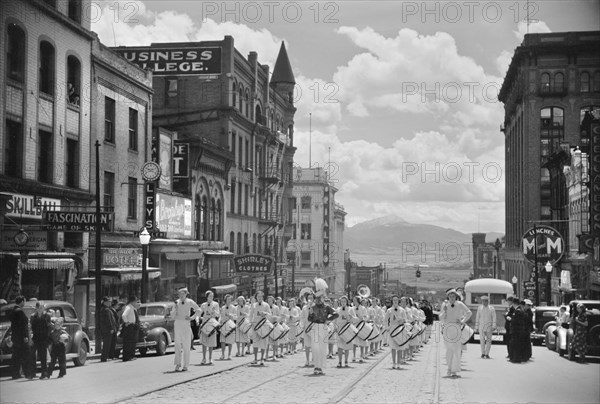 High School Band Marching in Parade, Montana Street, Butte, Montana, USA, Arthur Rothstein for Farm Security Administration, July 1939