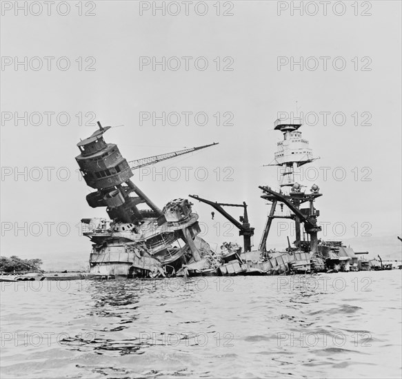 Wreckage of USS Arizona after Imperial Japanese Navy Air Service Attack, Pearl Harbor Hawaii, Office of Emergency Management, December 7, 1941