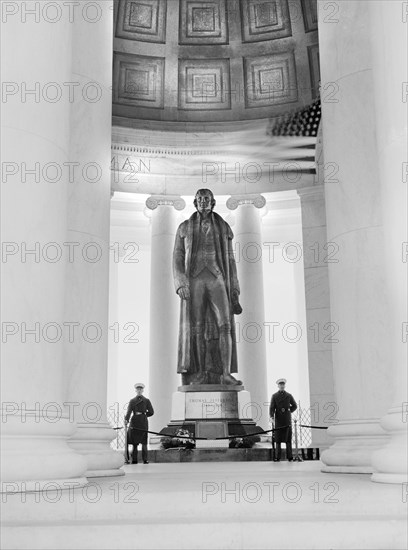 Statue of U.S. President Thomas Jefferson flanked by Marine Honor Guards during Jefferson Memorial dedication, Washington DC, USA, Ann Rosener for Office of War Information, April 12, 1943