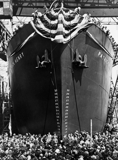Launching Ceremony of Liberty Ship SS Patrick Henry, the first U.S. Mass-Produced Cargo Ship during WWII, Bethlehem-Fairfield Shipyard, Baltimore, Maryland, USA, Office of War Information, September 27, 1941