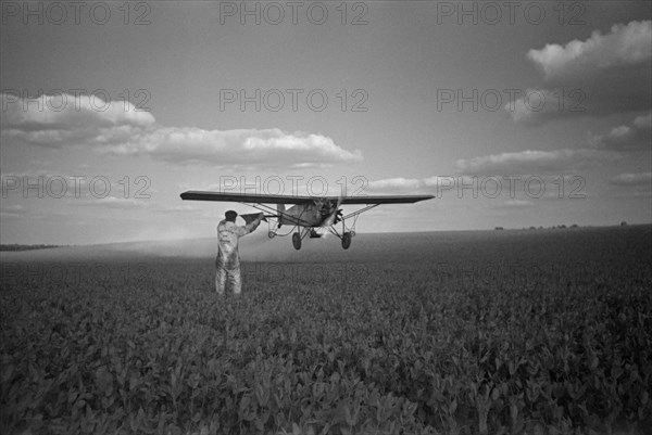 Crop Duster Flying Near Farmer in Field of Crops, Seabrook Farms, New Jersey, USA, Edwin Rosskam for Farm Security Administration, May 1938