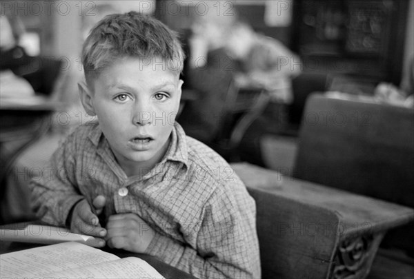 Student at Desk in Rural School, Williams County, North Dakota, USA, Russell Lee, U.S. Resettlement Administration, November 1937