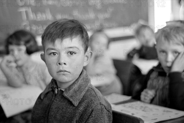 Student at Desk in Rural School, Williams County, North Dakota, USA, Russell Lee, U.S. Resettlement Administration, November 1937