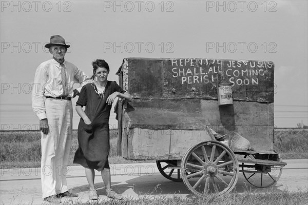 Traveling Evangelists with Cart on Road between Lafayette and Scott, Louisiana, USA, Russell Lee, Farm Security Administration, October 1938