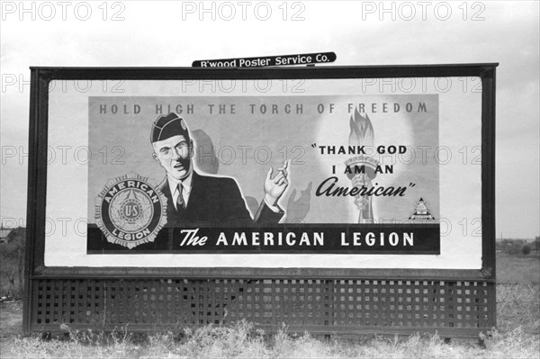 American Legion Billboard, Brownwood, Texas, USA, Russell Lee, Farm Security Administration, November 1939