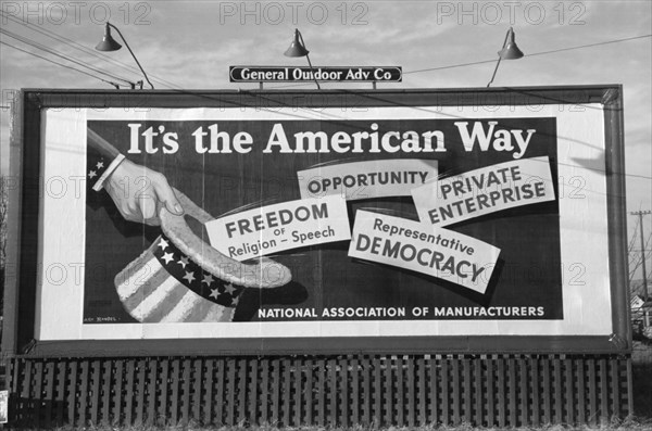 Billboard, National Association of Manufacturers, Oklahoma City, Oklahoma, USA, Russell Lee, Farm Security Administration, January 1940