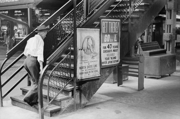 Man Walking up "L" Steps, Chicago, Illinois, USA, John Vachon, Farm Security Administration, July 1940