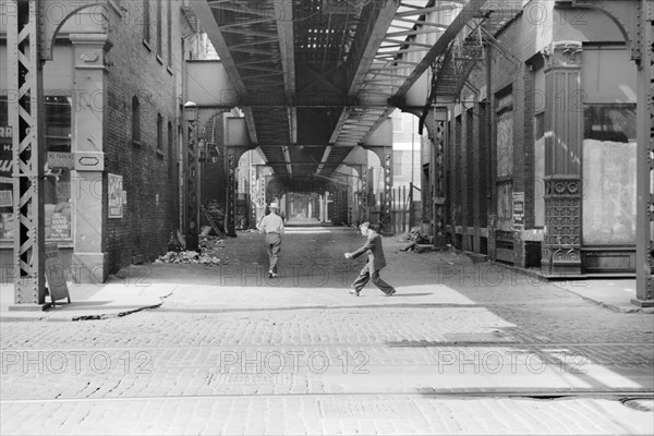 Alley and Elevated Train Tracks, Chicago, Illinois, USA, John Vachon, Farm Security Administration, July 1940