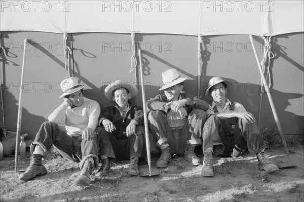 Japanese-American Farm Workers outside their Tent, Farm Security Administration (FSA) Mobile Camp, Nyssa, Oregon, USA, Russell Lee, Farm Security Administration, July 1942