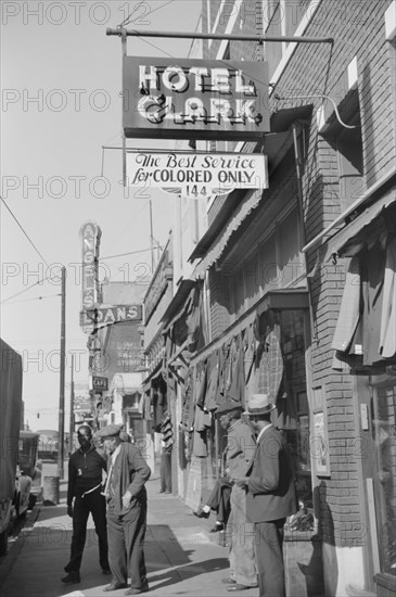 Hotel Clark with Sign "The Best Service for Colored Only", Beale Street Lined with Pawn Shops and Secondhand Clothing Stores, Memphis, Tennessee, USA, Marion Post Wolcott, Farm Security Administration, October 1939