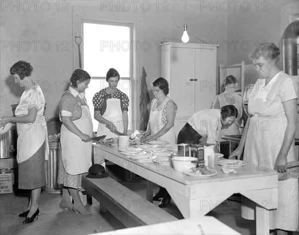 Women Volunteers Preparing School Lunch, Reedsville, West Virginia, USA, Elmer Johnson, Farm Security Administration, April 1935