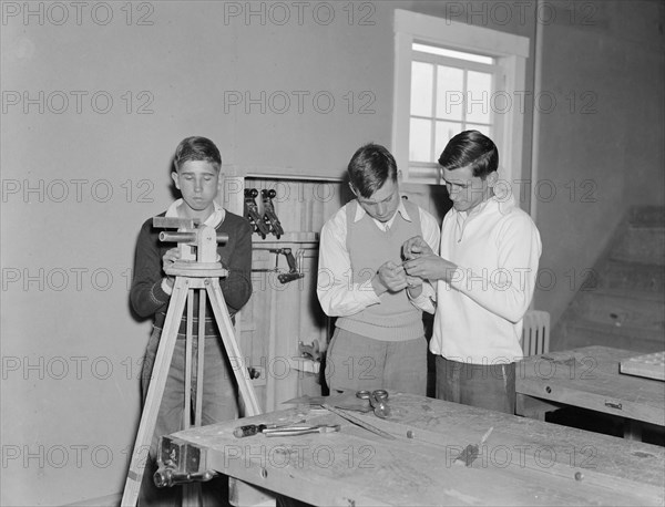 Teen Boys with Instruments in Classroom, Reedsville, West Virginia, USA, Elmer Johnson, Farm Security Administration, April 1935