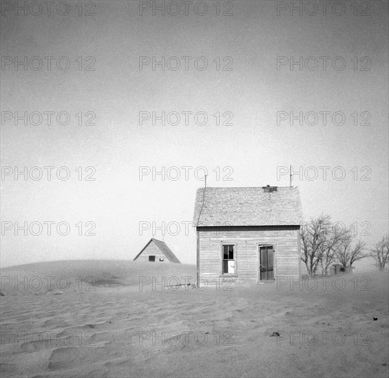 Sand Whirling Around House and Barn, Cimarron County, Oklahoma, USA, Arthur Rothstein, Farm Security Administration, April 1936