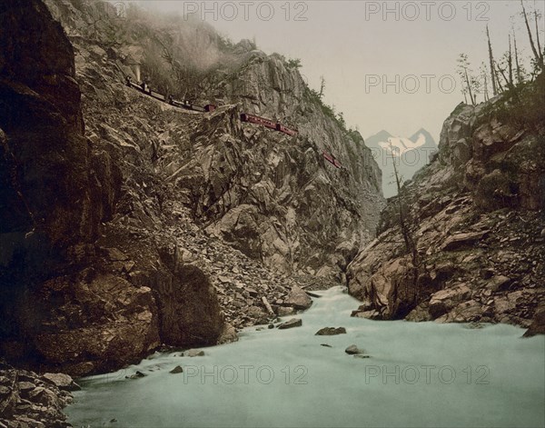 Two Denver & Rio Grande Railroad Trains Passing on Steep Rock Ledge, Canyon of the Rio Las Animas, Colorado, USA, William Henry Jackson for Detroit Publishing Company, 1905