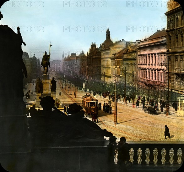 Busy Street Scene From St. Wenceslas Square, Prague, Bohemia, Magic Lantern Slide, circa 1920